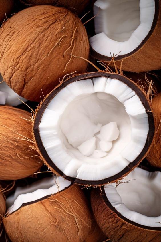 close up of the TOP notes ingredient, COCONUT which is used in the scented candle BEACH