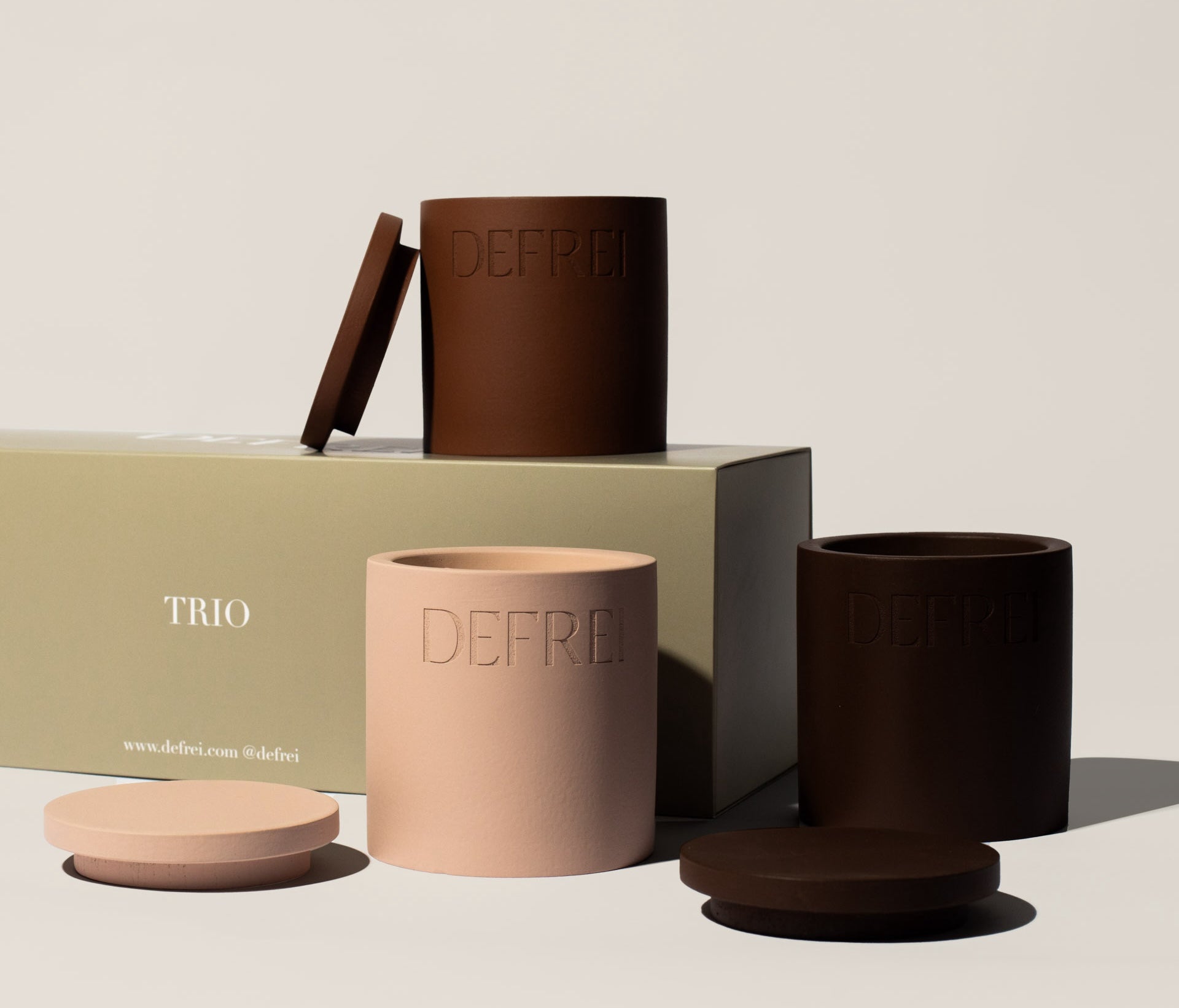TRIO GIFT SET, shows the three scented luxury hand poured candles in LOBBY, AMOR and VANILLE